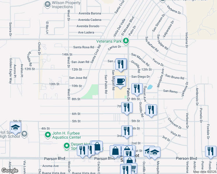 map of restaurants, bars, coffee shops, grocery stores, and more near 10751 San Pablo Road in Desert Hot Springs