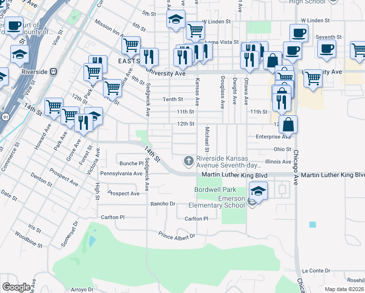 map of restaurants, bars, coffee shops, grocery stores, and more near 2221 Georgia Street in Riverside