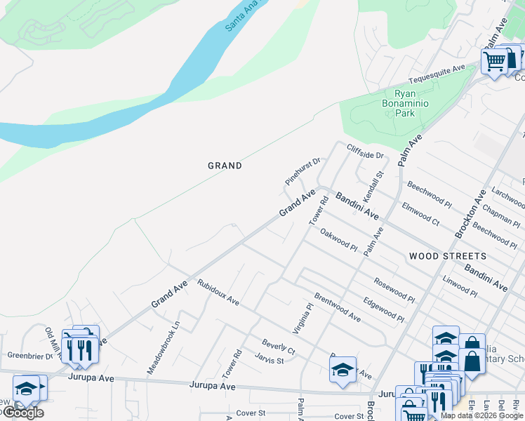 map of restaurants, bars, coffee shops, grocery stores, and more near 5545 Grand Avenue in Riverside