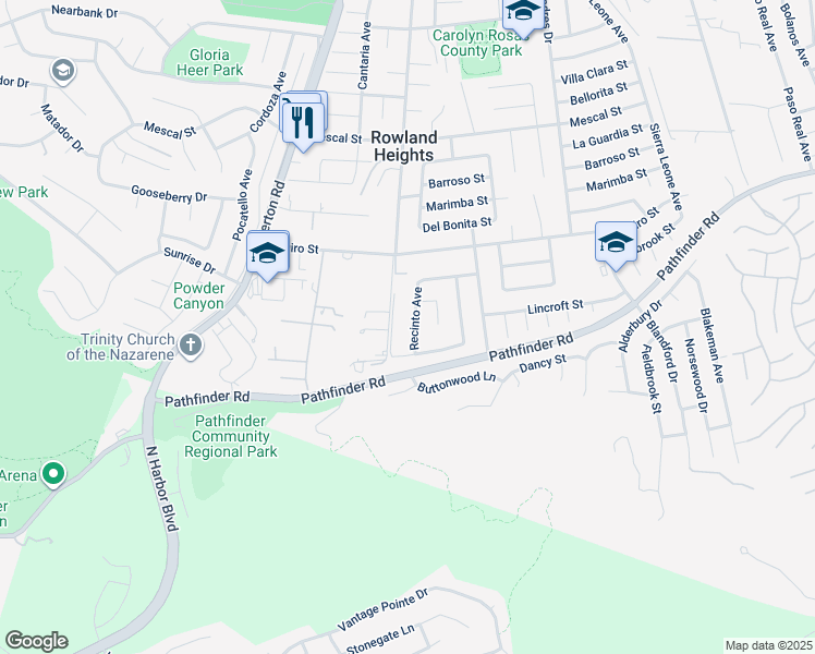 map of restaurants, bars, coffee shops, grocery stores, and more near 2727 Recinto Avenue in Rowland Heights