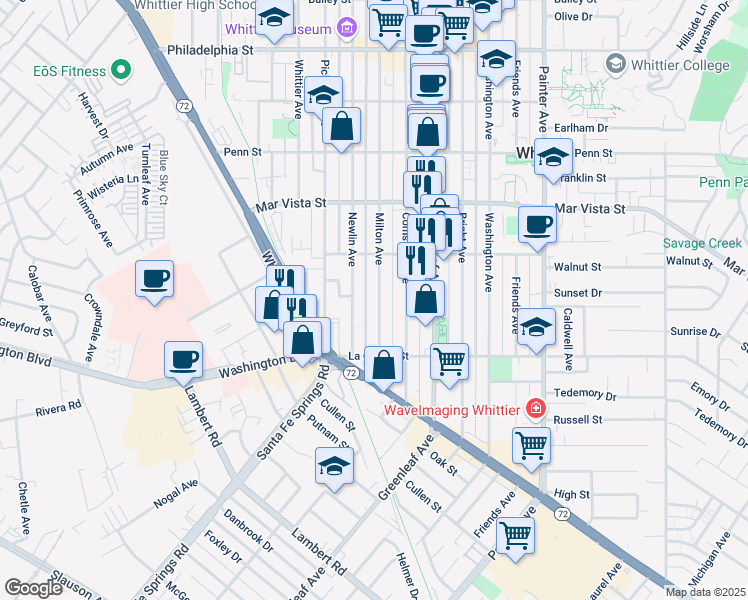 map of restaurants, bars, coffee shops, grocery stores, and more near 7742 Milton Avenue in Whittier