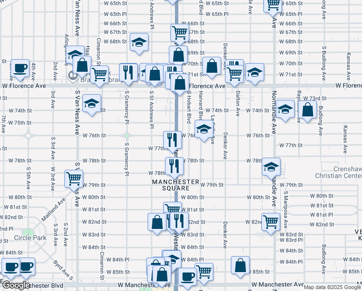 map of restaurants, bars, coffee shops, grocery stores, and more near 7611 South Hobart Boulevard in Los Angeles