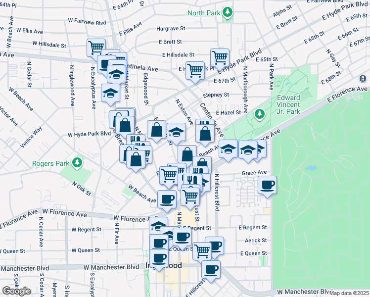 map of restaurants, bars, coffee shops, grocery stores, and more near 323 Warren Lane in Inglewood