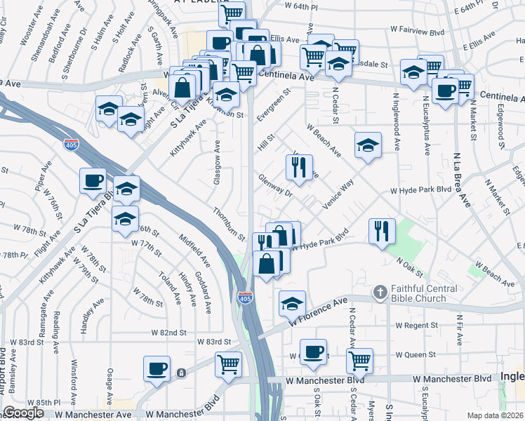 map of restaurants, bars, coffee shops, grocery stores, and more near 815 Flora Drive in Inglewood