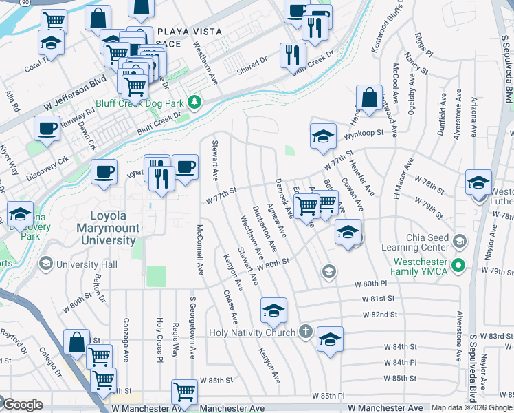 map of restaurants, bars, coffee shops, grocery stores, and more near 7721 Dunbarton Avenue in Los Angeles