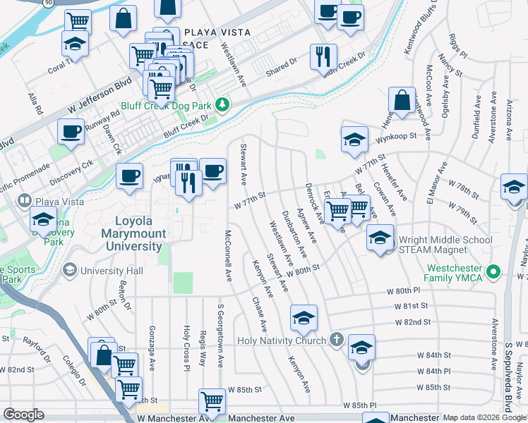 map of restaurants, bars, coffee shops, grocery stores, and more near 7706 Stewart Avenue in Los Angeles