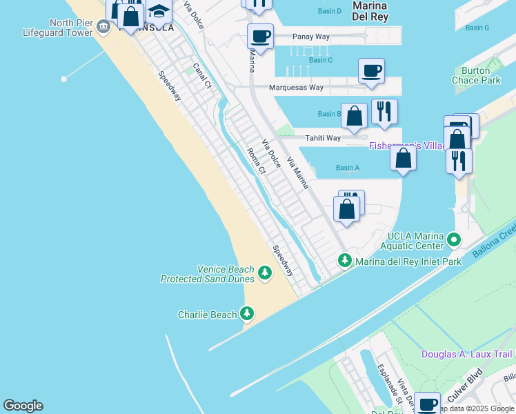 map of restaurants, bars, coffee shops, grocery stores, and more near 45 Reef Street in Marina del Rey