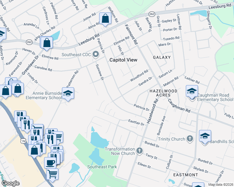 map of restaurants, bars, coffee shops, grocery stores, and more near 7280 Sunview Drive in Columbia