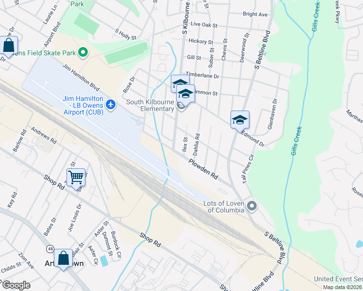 map of restaurants, bars, coffee shops, grocery stores, and more near 1513 Ilex Street in Columbia