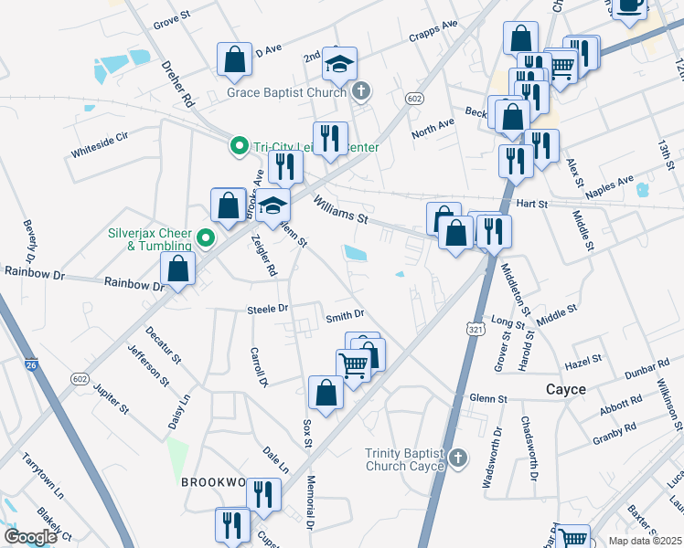 map of restaurants, bars, coffee shops, grocery stores, and more near 943 Glenn Street in West Columbia