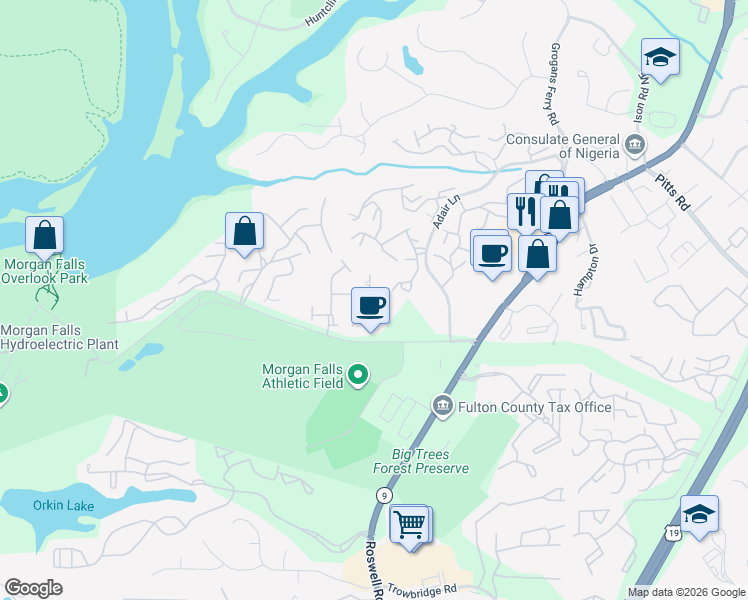 map of restaurants, bars, coffee shops, grocery stores, and more near 655 Coligny Court in Atlanta