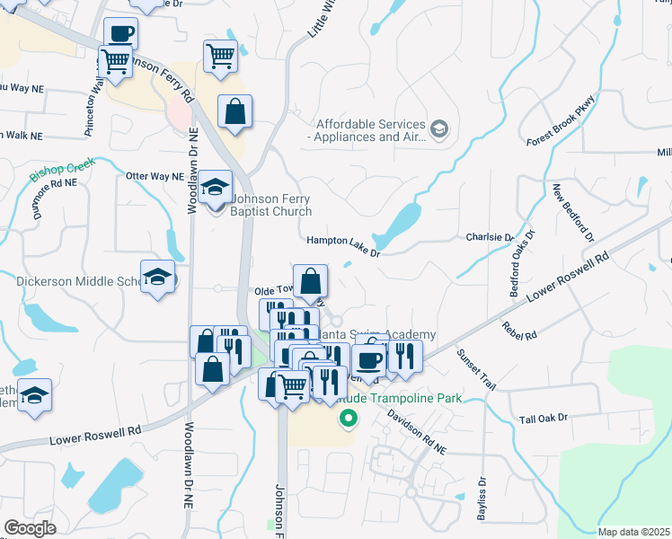 map of restaurants, bars, coffee shops, grocery stores, and more near 4990 Olde Towne Way in Marietta