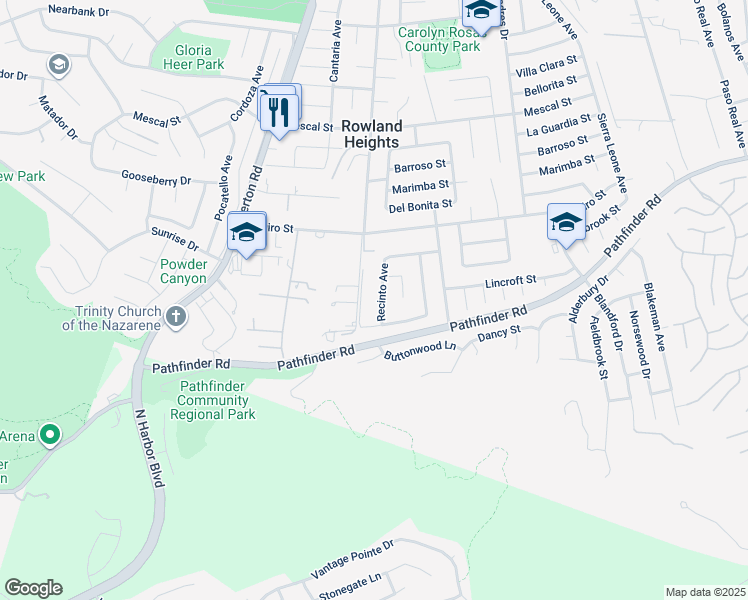 map of restaurants, bars, coffee shops, grocery stores, and more near 2727 Recinto Avenue in Rowland Heights