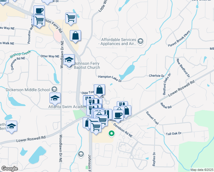 map of restaurants, bars, coffee shops, grocery stores, and more near 4990 Olde Towne Way in Marietta