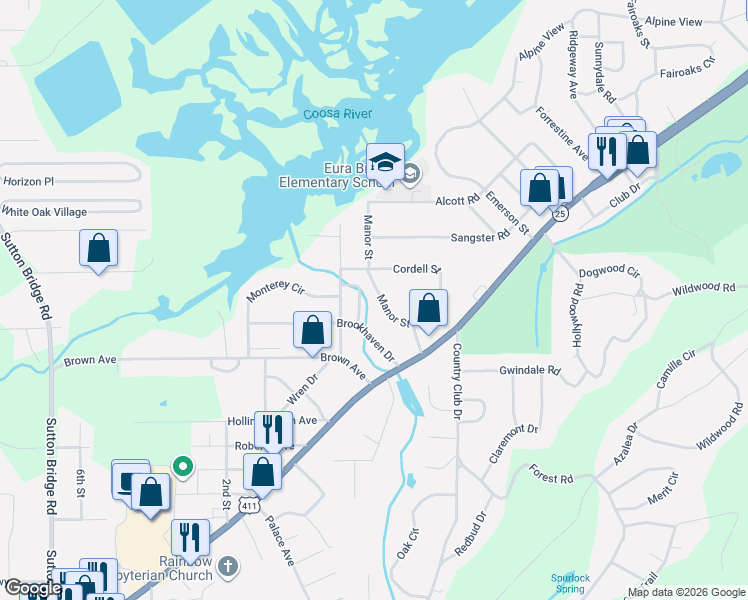 map of restaurants, bars, coffee shops, grocery stores, and more near 211 Manor Street in Gadsden