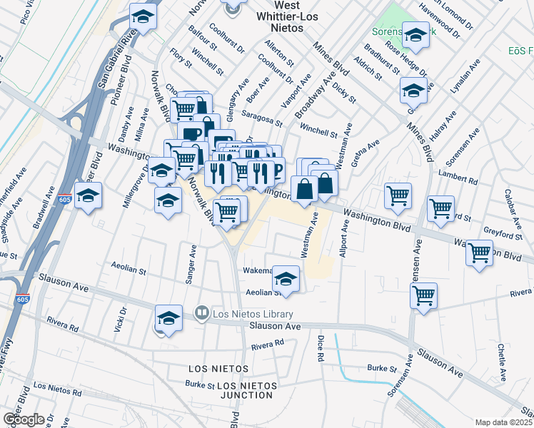 map of restaurants, bars, coffee shops, grocery stores, and more near in Santa Fe Springs