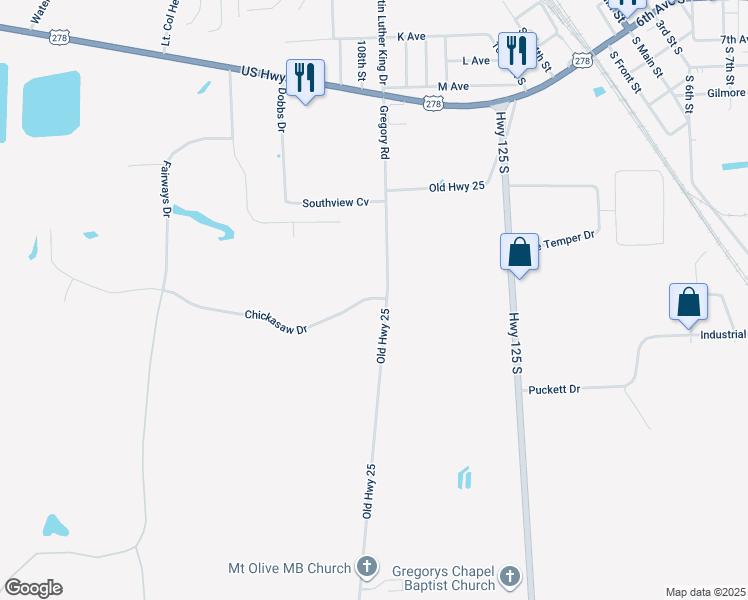 map of restaurants, bars, coffee shops, grocery stores, and more near 60001 Chickasaw Drive in Amory