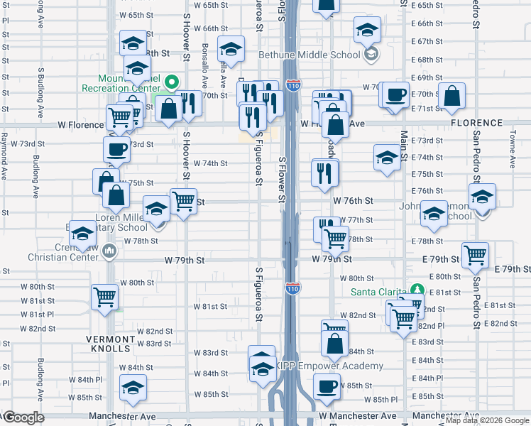 map of restaurants, bars, coffee shops, grocery stores, and more near 7616 South Figueroa Street in Los Angeles