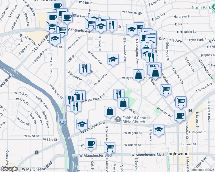 map of restaurants, bars, coffee shops, grocery stores, and more near 531 West Hyde Park Boulevard in Inglewood
