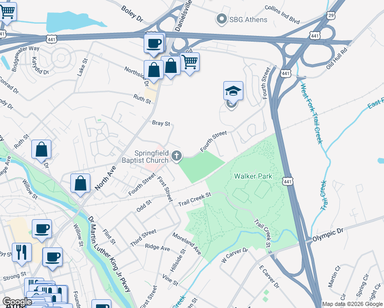 map of restaurants, bars, coffee shops, grocery stores, and more near 185 Cannon Drive in Athens