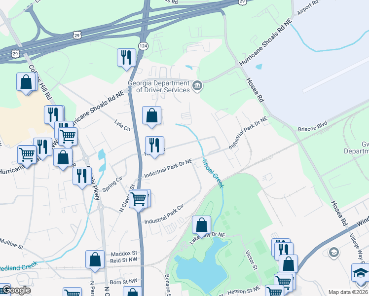 map of restaurants, bars, coffee shops, grocery stores, and more near 207 Harris Drive in Lawrenceville