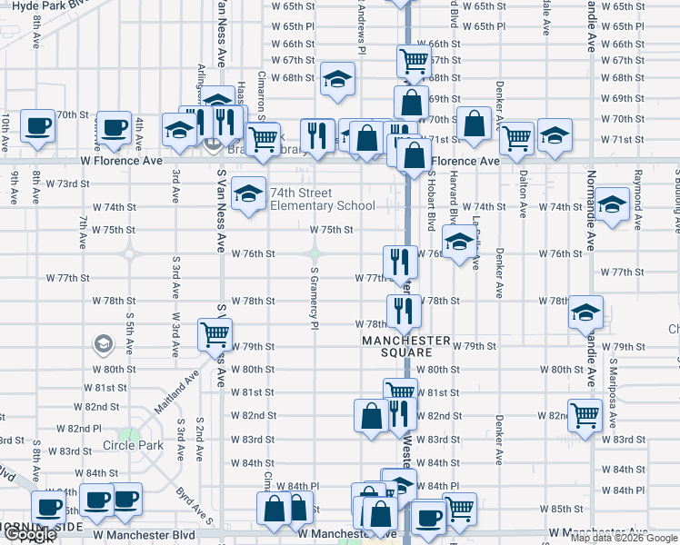 map of restaurants, bars, coffee shops, grocery stores, and more near 1927 West 77th Street in Los Angeles