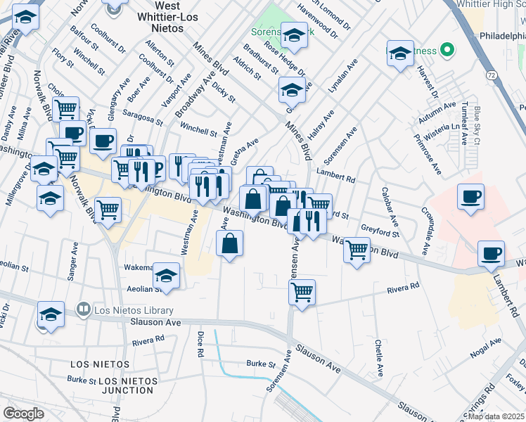 map of restaurants, bars, coffee shops, grocery stores, and more near 11715 Washington Blvd in Whittier