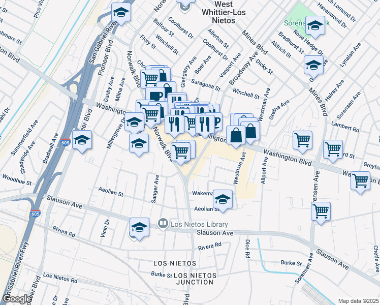 map of restaurants, bars, coffee shops, grocery stores, and more near 8121 Broadway Avenue in Whittier