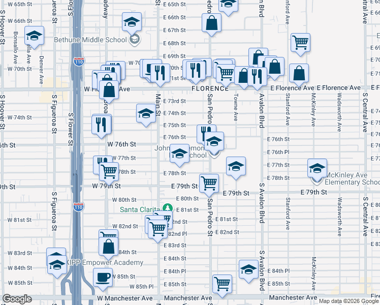 map of restaurants, bars, coffee shops, grocery stores, and more near 156 East 76th Place in Los Angeles
