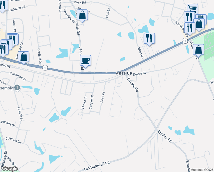 map of restaurants, bars, coffee shops, grocery stores, and more near 109 Idlewood Circle in West Columbia