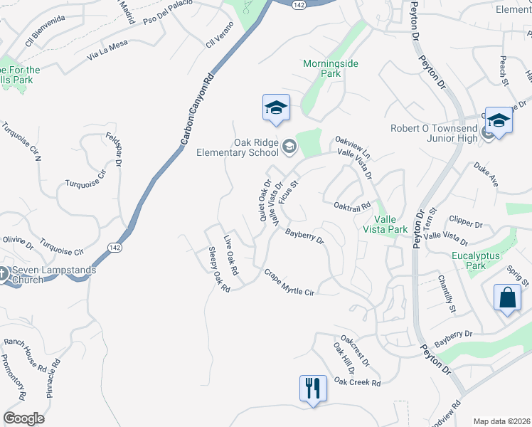 map of restaurants, bars, coffee shops, grocery stores, and more near 15575 Quiet Oak Drive in Chino Hills