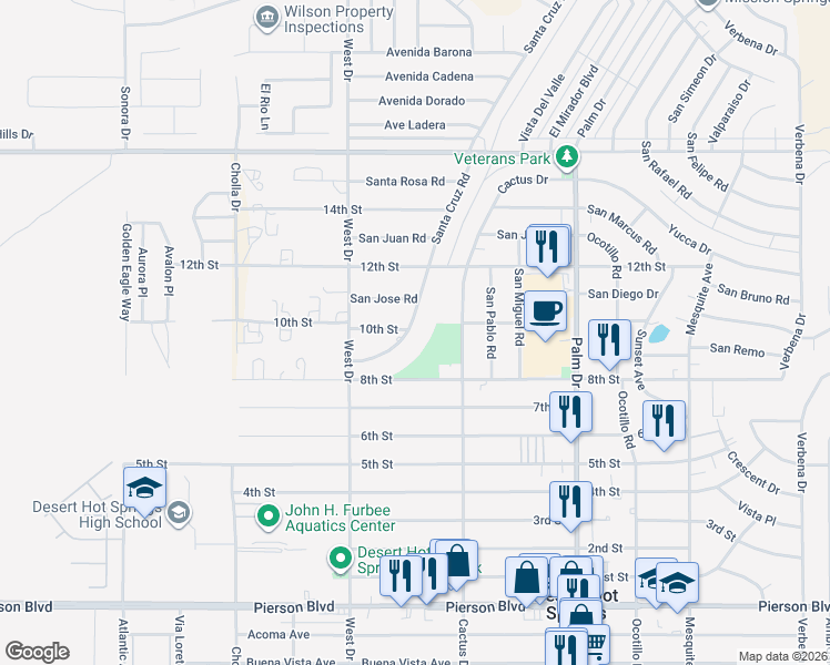 map of restaurants, bars, coffee shops, grocery stores, and more near 66116 10th Street in Desert Hot Springs