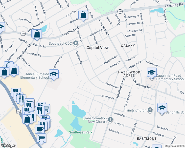 map of restaurants, bars, coffee shops, grocery stores, and more near 7280 Sunview Drive in Columbia