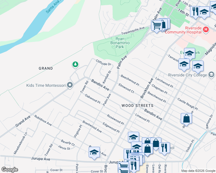 map of restaurants, bars, coffee shops, grocery stores, and more near 4581 Bandini Avenue in Riverside
