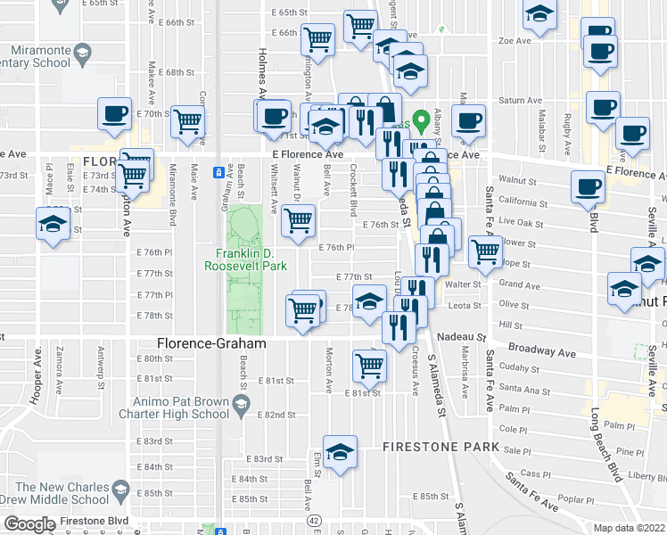 map of restaurants, bars, coffee shops, grocery stores, and more near 1933 East 77th Street in Los Angeles