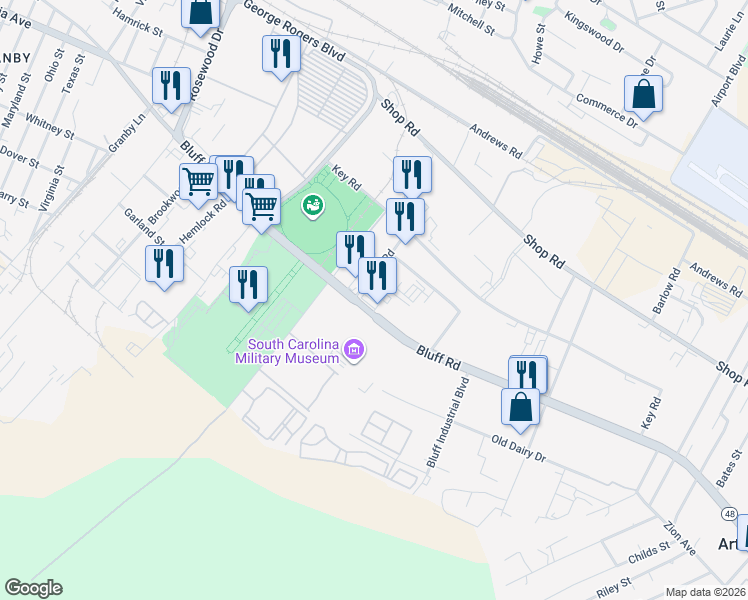 map of restaurants, bars, coffee shops, grocery stores, and more near 1055 Market Road in Columbia