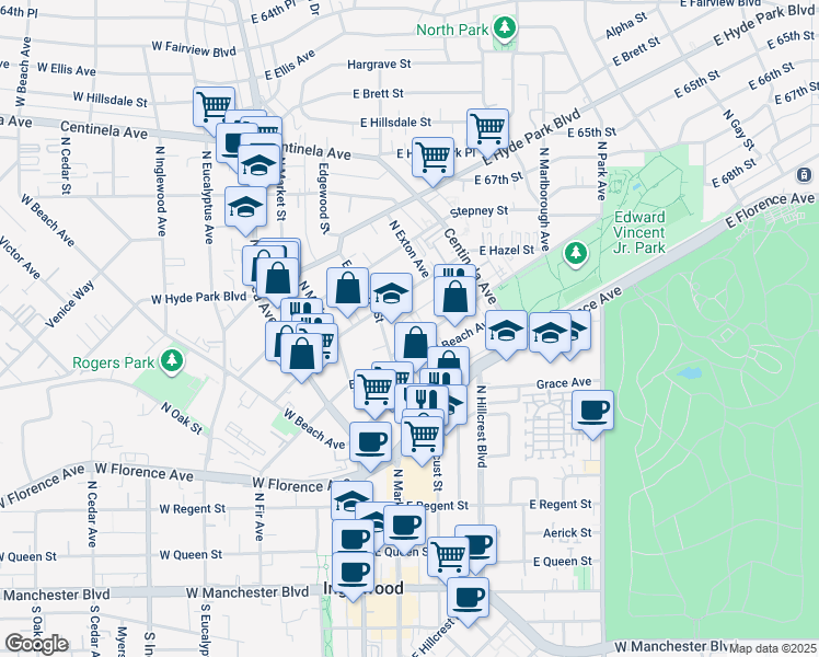 map of restaurants, bars, coffee shops, grocery stores, and more near 323 Warren Lane in Inglewood