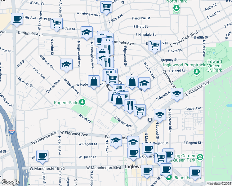 map of restaurants, bars, coffee shops, grocery stores, and more near 600 North La Brea Avenue in Inglewood