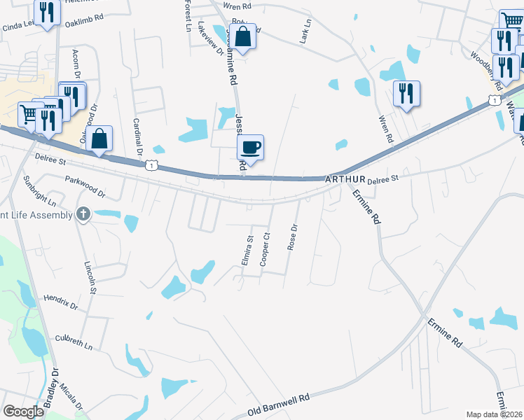 map of restaurants, bars, coffee shops, grocery stores, and more near 3901 Delree Street in West Columbia