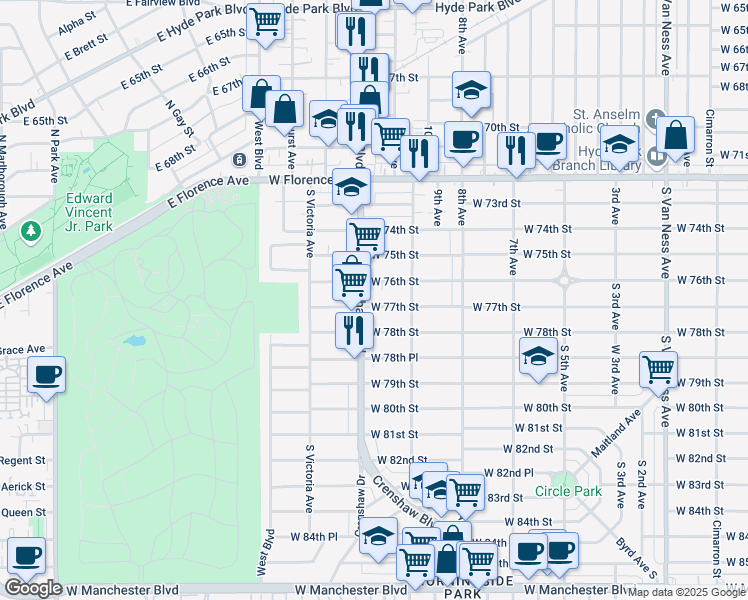 map of restaurants, bars, coffee shops, grocery stores, and more near 7616 1/4 Crenshaw Boulevard in Los Angeles