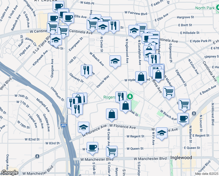map of restaurants, bars, coffee shops, grocery stores, and more near 537 West Hyde Park Boulevard in Inglewood