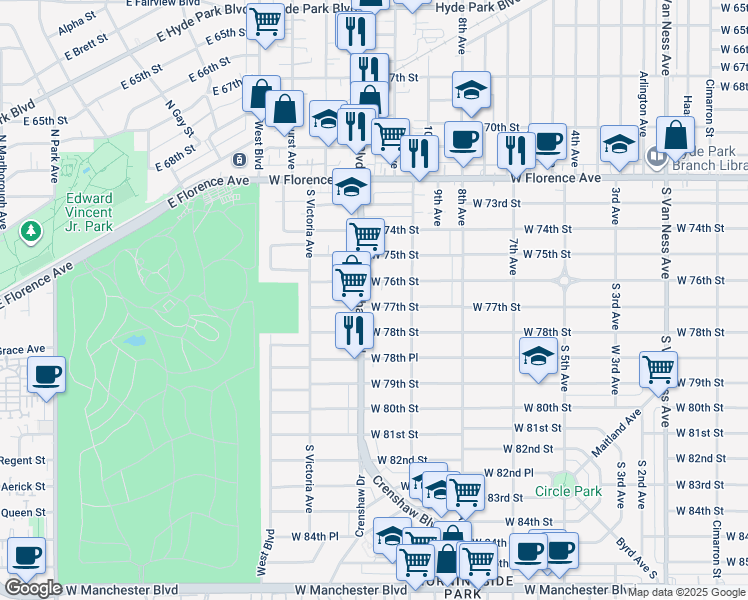 map of restaurants, bars, coffee shops, grocery stores, and more near 7616 1/4 Crenshaw Boulevard in Los Angeles
