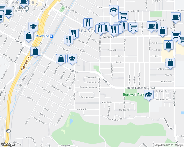 map of restaurants, bars, coffee shops, grocery stores, and more near 2474 14th Street in Riverside