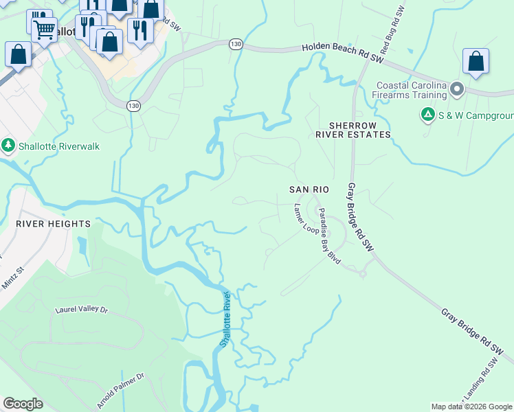 map of restaurants, bars, coffee shops, grocery stores, and more near 3408 Kestrel Dr SW in Shallotte