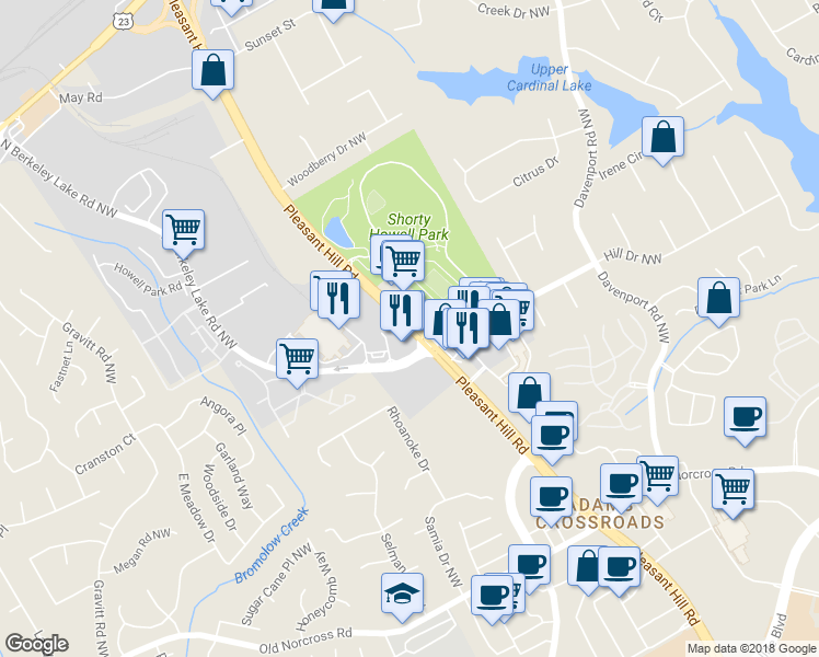 map of restaurants, bars, coffee shops, grocery stores, and more near 2608 Pleasant Hill Road in Duluth