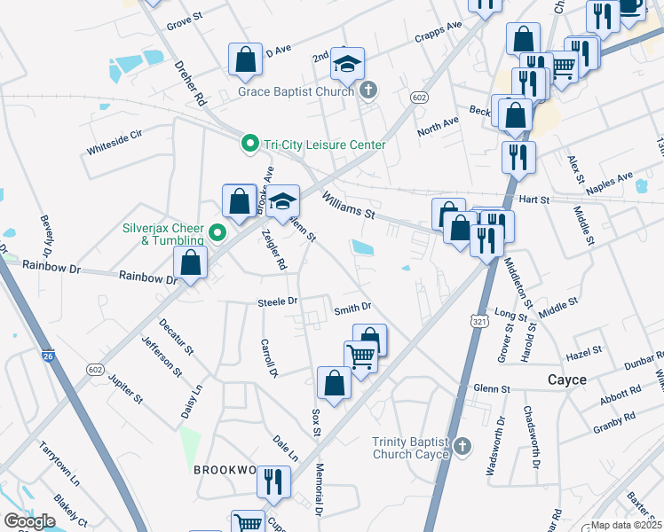 map of restaurants, bars, coffee shops, grocery stores, and more near 900 Glenn Street in West Columbia