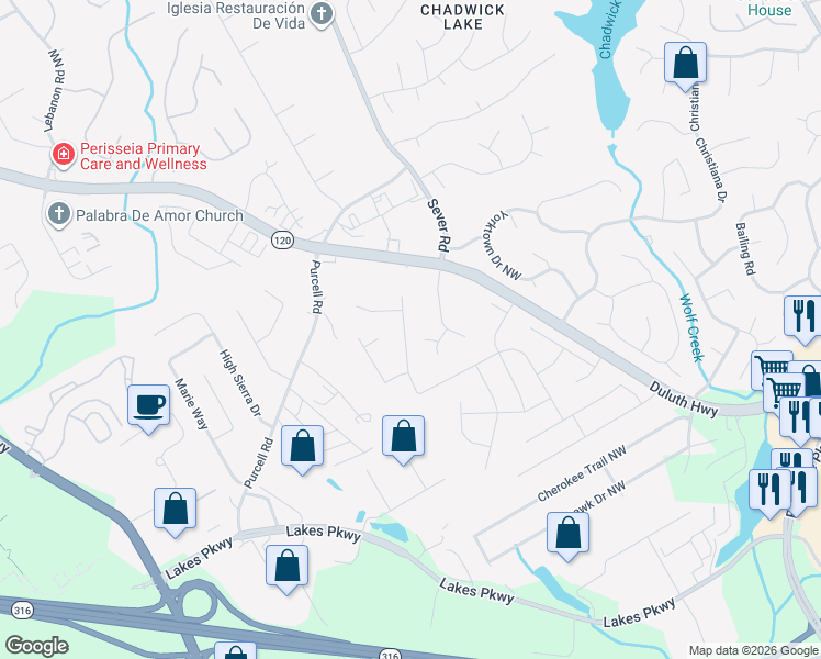 map of restaurants, bars, coffee shops, grocery stores, and more near 1661 Omie Way in Lawrenceville