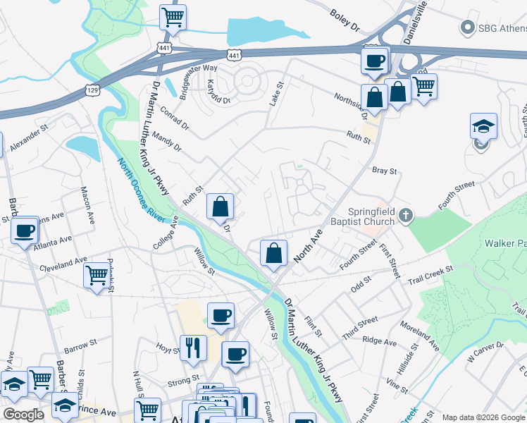 map of restaurants, bars, coffee shops, grocery stores, and more near 184 Marlin Street in Athens