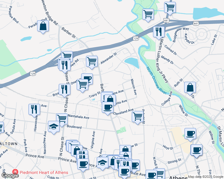 map of restaurants, bars, coffee shops, grocery stores, and more near 764 Barber Street in Athens