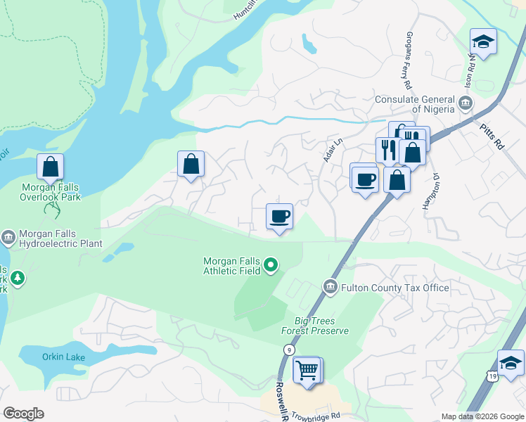 map of restaurants, bars, coffee shops, grocery stores, and more near 655 Coligny Court in Atlanta